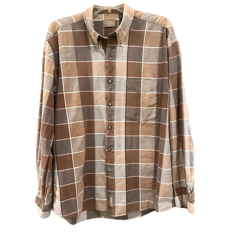 Haggar Men's Gray Brown Plaid Button-down Long Sleeve Shirt Size XL 100% Cotton
